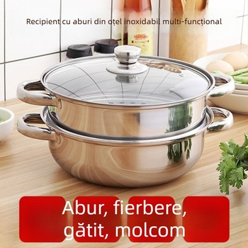 Oală aburitoare din oțel inoxidabil, două niveluri, capac din sticlă, adâncime 9 cm, greutate 1200 g, compatibilă cu toate plitele