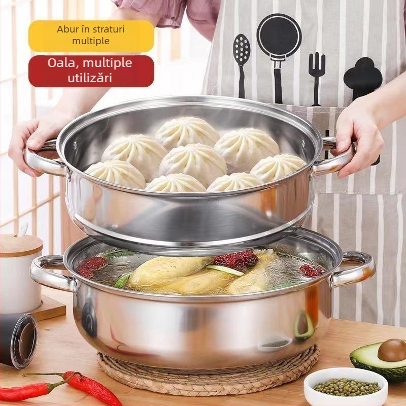 Oală aburitoare din oțel inoxidabil, două niveluri, capac din sticlă, adâncime 9 cm, greutate 1200 g, compatibilă cu toate plitele