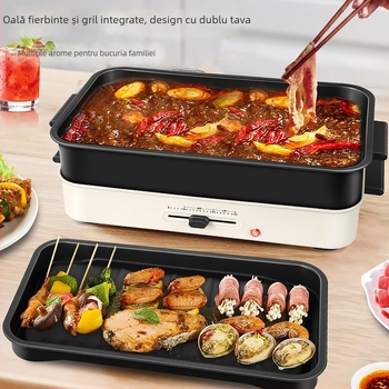 Vas de gătit multifuncțional cu grătar și oală fierbinte detașabilă, 1201–1500 W, capacitate 4–5 L, corp din fontă