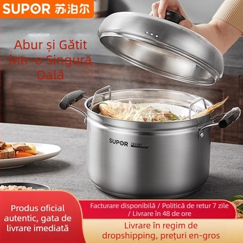 Oală de abur din oțel inoxidabil 304, fund de trei straturi, capac din oțel inoxidabil cu geam termorezistent, universală pentru arzător cu gaz și plită cu inducție