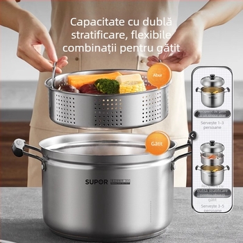 Oală de abur din oțel inoxidabil 304, fund de trei straturi, capac din oțel inoxidabil cu geam termorezistent, universală pentru arzător cu gaz și plită cu inducție