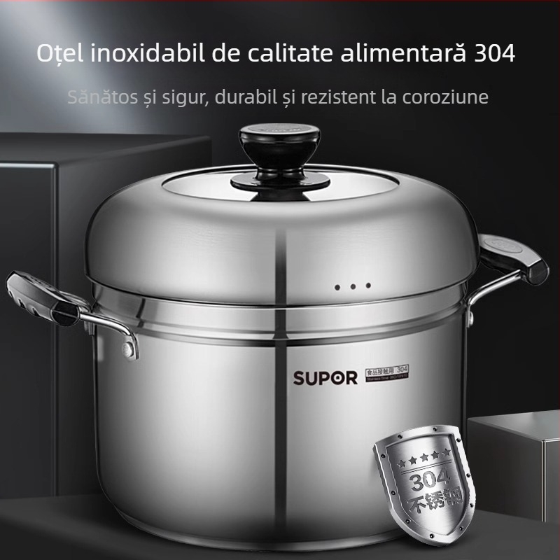 Oală de abur din oțel inoxidabil 304, fund de trei straturi, capac din oțel inoxidabil cu geam termorezistent, universală pentru arzător cu gaz și plită cu inducție