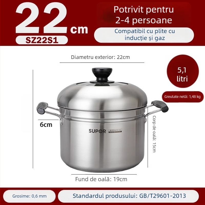 Oală de abur din oțel inoxidabil 304, fund de trei straturi, capac din oțel inoxidabil cu geam termorezistent, universală pentru arzător cu gaz și plită cu inducție
