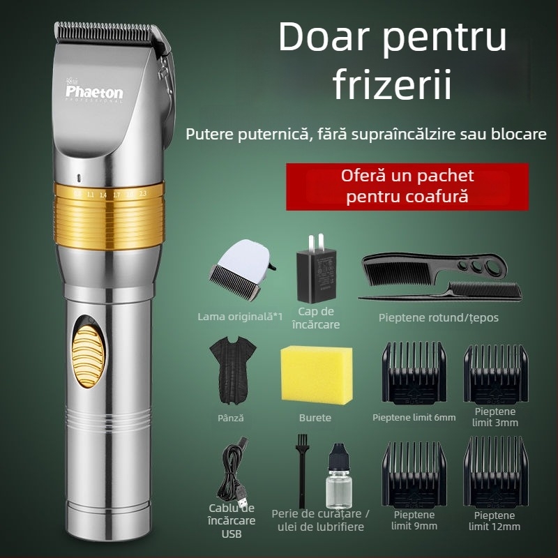 Trimmer de păr Powerful Factory, motor brushless, lame ceramice, alimentare duală (încărcare sau priză), fără baterie încorporată, nu este rezistent la apă