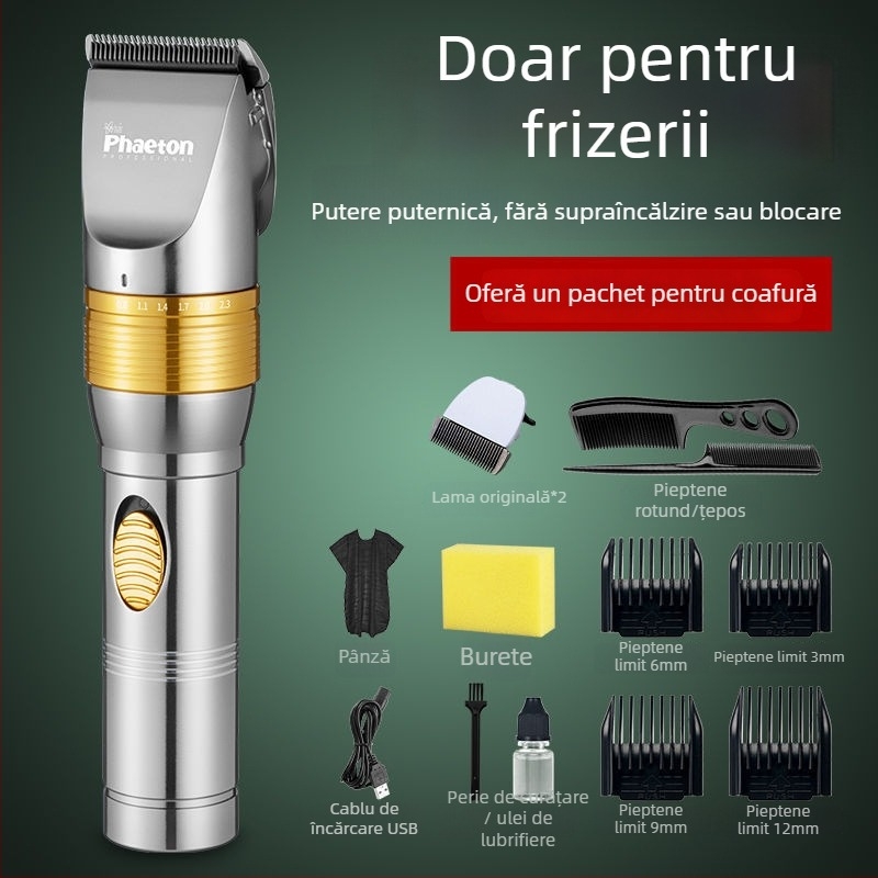 Trimmer de păr Powerful Factory, motor brushless, lame ceramice, alimentare duală (încărcare sau priză), fără baterie încorporată, nu este rezistent la apă