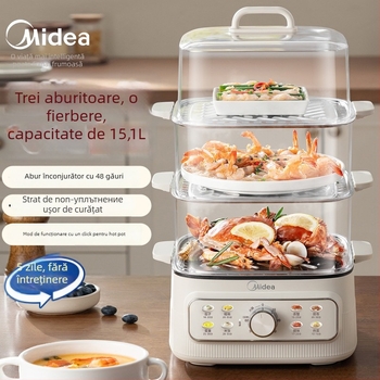 Paravar electric Midea cu patru straturi, capacitate mare peste 10 litri, 1200W, 220V, 50Hz, tavă de aburi din oțel inoxidabil + fund antiaderent, pentru 4-5 persoane