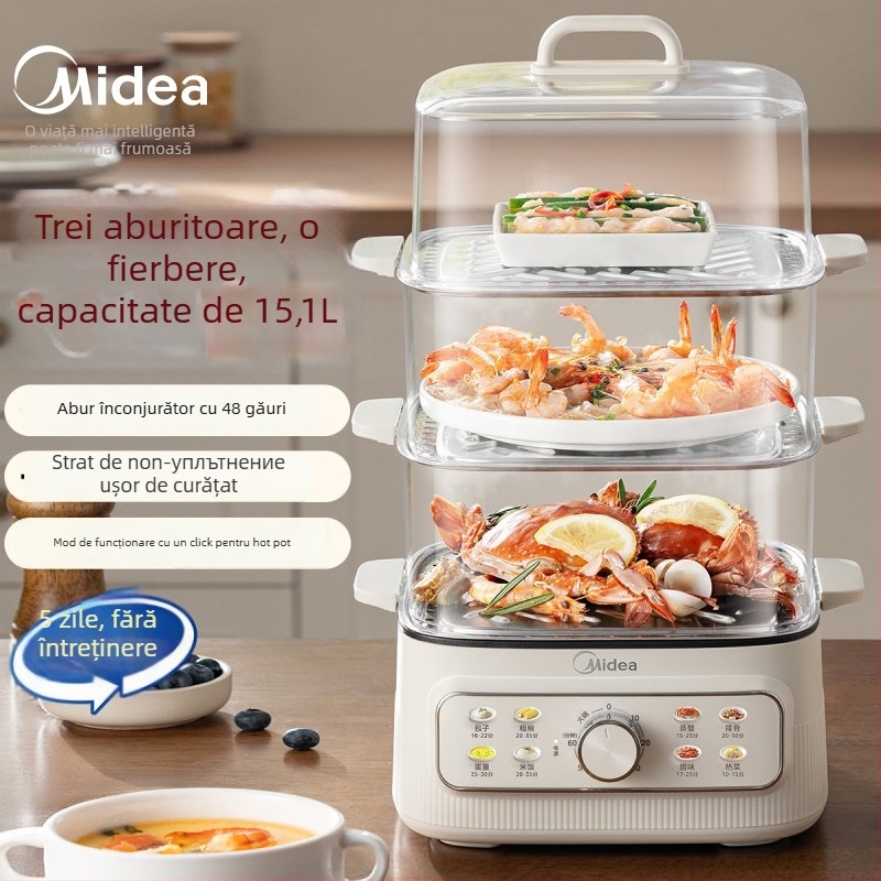 Paravar electric Midea cu patru straturi, capacitate mare peste 10 litri, 1200W, 220V, 50Hz, tavă de aburi din oțel inoxidabil + fund antiaderent, pentru 4-5 persoane