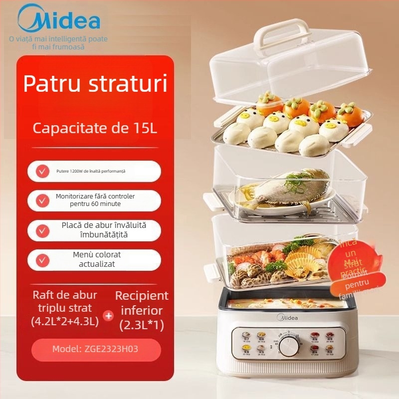 Paravar electric Midea cu patru straturi, capacitate mare peste 10 litri, 1200W, 220V, 50Hz, tavă de aburi din oțel inoxidabil + fund antiaderent, pentru 4-5 persoane