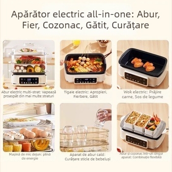 Gătitor cu aburi electric, recipient din aliaj de titan, detașabil și lavabil, capacitate peste 10 L, sistem de aburi cu peste 3 niveluri, încălzire în mai puțin de 4 minute