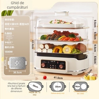 Gătitor cu aburi electric, recipient din aliaj de titan, detașabil și lavabil, capacitate peste 10 L, sistem de aburi cu peste 3 niveluri, încălzire în mai puțin de 4 minute