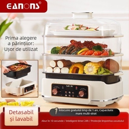 Gătitor cu aburi electric, recipient din aliaj de titan, detașabil și lavabil, capacitate peste 10 L, sistem de aburi cu peste 3 niveluri, încălzire în mai puțin de 4 minute