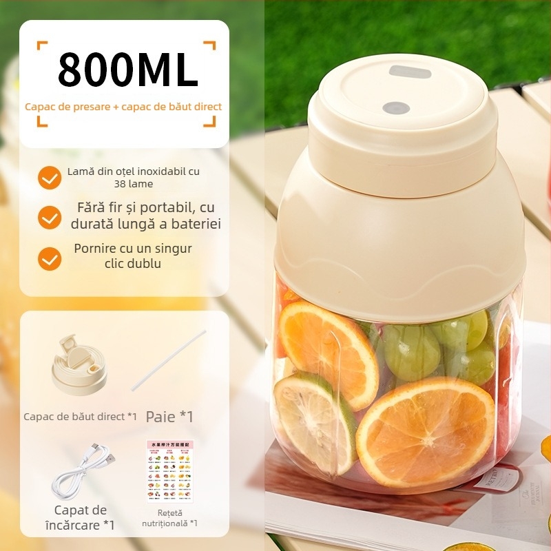 Cana portabilă de sucuri, reîncărcabilă – capacitate 801–1000 ml, viteză 18000 rpm, 50 W, lame 5+, baterie încorporată