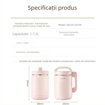 Joyoung Mașină de lapte din soia DJ12A-D2190, capacitate 1.2 L, 1000 W, 220 V, încălzire prin șasiu, măcinare fără sită, funcție încălzire