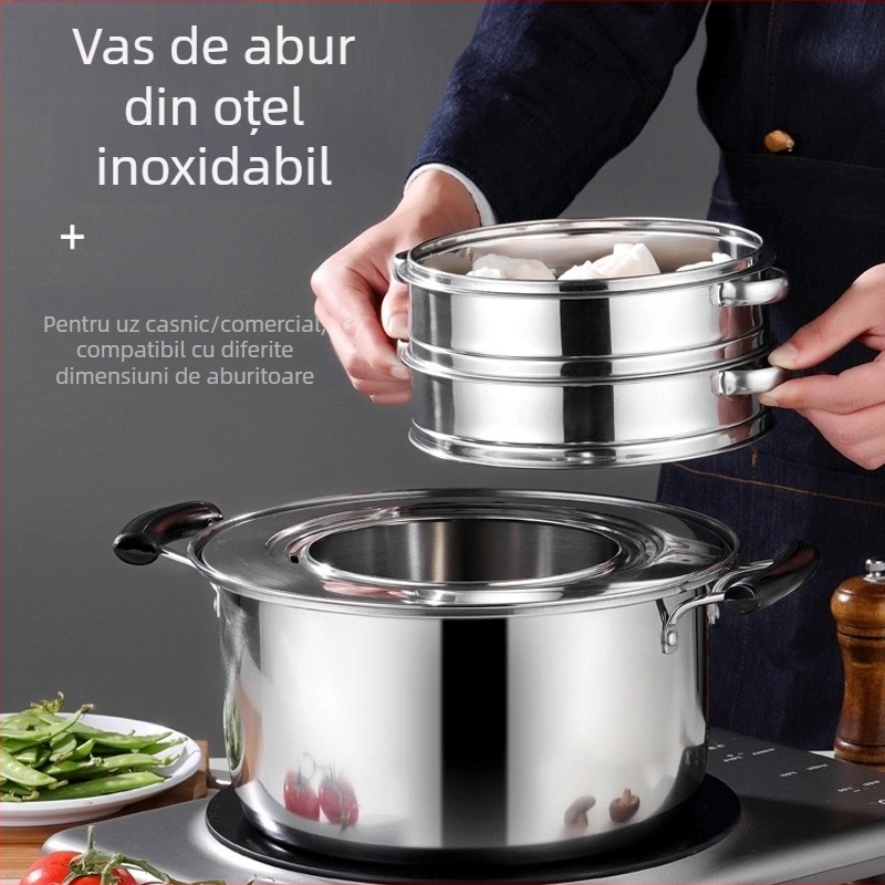 Oală abur din oțel inoxidabil pentru găluște, model 001, 1 nivel, fund simplu, compatibilă cu plitele generale