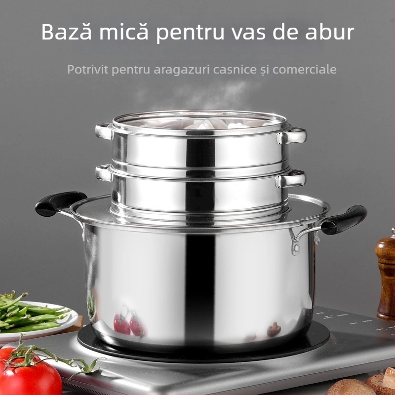 Oală abur din oțel inoxidabil pentru găluște, model 001, 1 nivel, fund simplu, compatibilă cu plitele generale