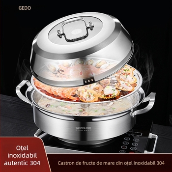 Oală de aburi, 3 niveluri, din oțel inoxidabil 304, include două tăvi de abur și o tavă de saună, fără fum, compatibil cu plita pe gaz