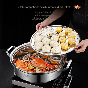 Oală de aburi, 3 niveluri, din oțel inoxidabil 304, include două tăvi de abur și o tavă de saună, fără fum, compatibil cu plita pe gaz