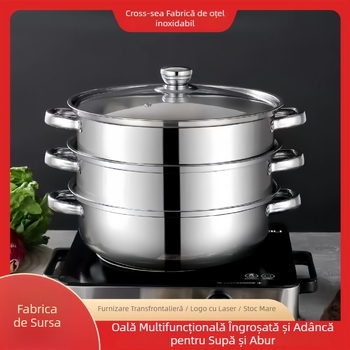 Vas de aburi din oțel inoxidabil, cu trei niveluri, capac din sticlă, mare capacitate, compatibil cu plitele cu inducție