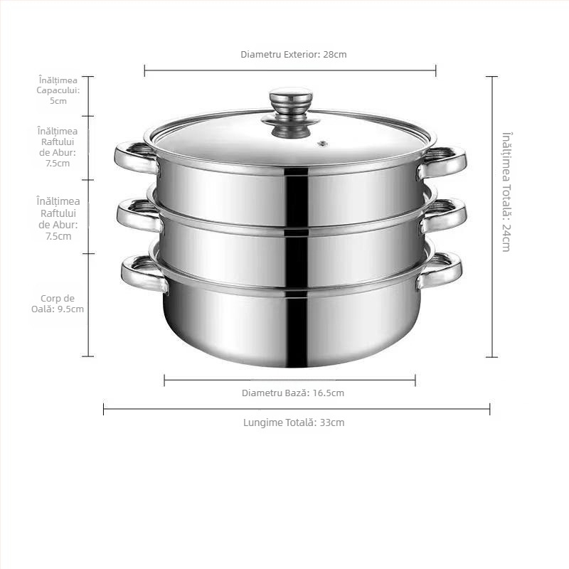 Vas de aburi din oțel inoxidabil, cu trei niveluri, capac din sticlă, mare capacitate, compatibil cu plitele cu inducție