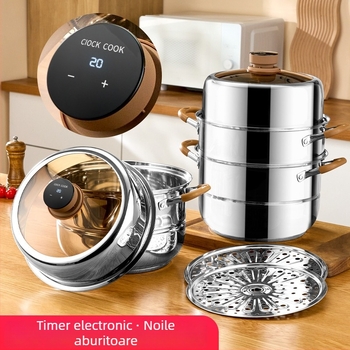 Oală de aburi cu 3 straturi din oțel inoxidabil 304, capac din sticlă, compatibilă cu inducția