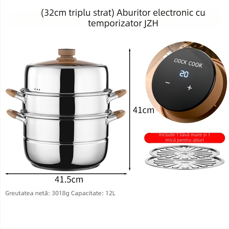 Oală de aburi cu 3 straturi din oțel inoxidabil 304, capac din sticlă, compatibilă cu inducția