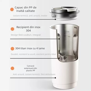 Mașină portabilă de lapte de soia cu corp din sticlă, 300 W, capacitate sub 1 L, control prin atingere.