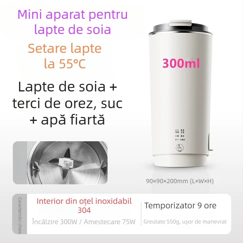 Mașină portabilă de lapte de soia cu corp din sticlă, 300 W, capacitate sub 1 L, control prin atingere.