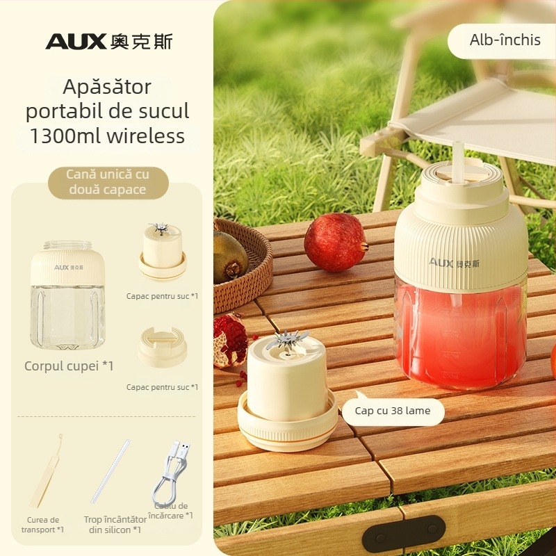 Storcător de suc portabil cu baterie încorporată, 18000 rpm, 5+ lame, recipient interior din oțel inoxidabil