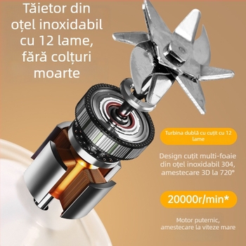 Storcător de suc portabil fără fir, cu afișaj LED, 18k–20k rpm, cinci lame sau mai multe, baterie încorporată, plastic PC alimentar