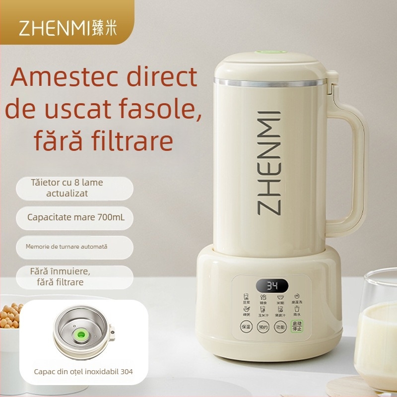 Zhenmi ZMPB-308 Mașină de lapte de soia cu tehnologie de rupere a pereților, pentru uz casnic automat fără gătire, sunet redus, capacitate de 1 L, Auto-Curățare
