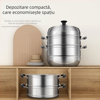 Aburitor din oțel inoxidabil, multistrat, pentru uz casnic, compatibil cu plitele cu inducție și cu plita cu gaz, capac din sticlă, de calitate alimentară și rezistent la ruginire, 2–3 niveluri