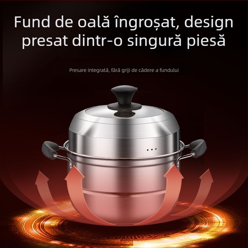 Aburitor din oțel inoxidabil, multistrat, pentru uz casnic, compatibil cu plitele cu inducție și cu plita cu gaz, capac din sticlă, de calitate alimentară și rezistent la ruginire, 2–3 niveluri