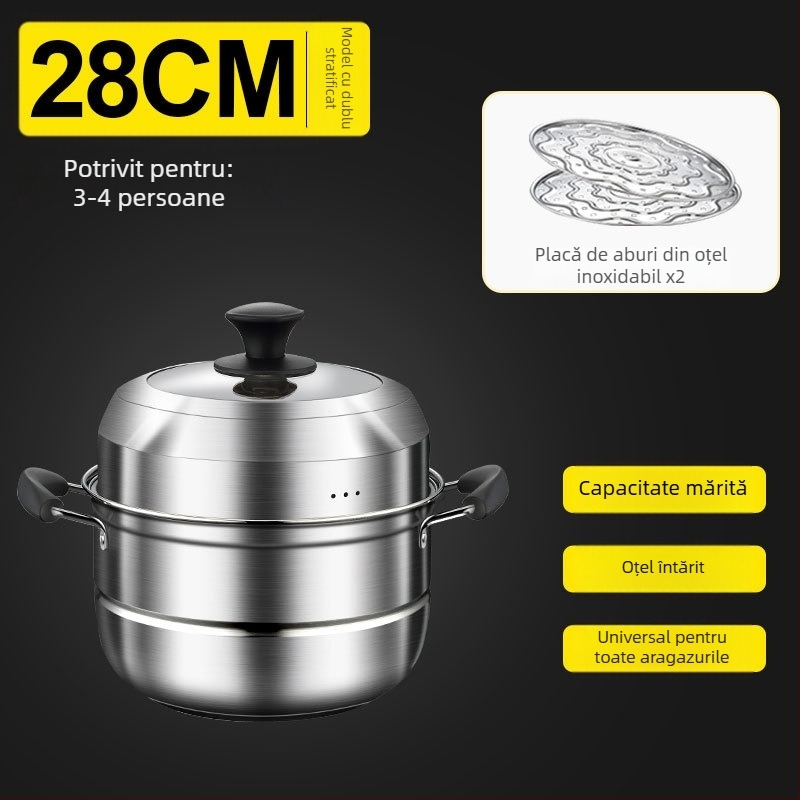 Aburitor din oțel inoxidabil, multistrat, pentru uz casnic, compatibil cu plitele cu inducție și cu plita cu gaz, capac din sticlă, de calitate alimentară și rezistent la ruginire, 2–3 niveluri