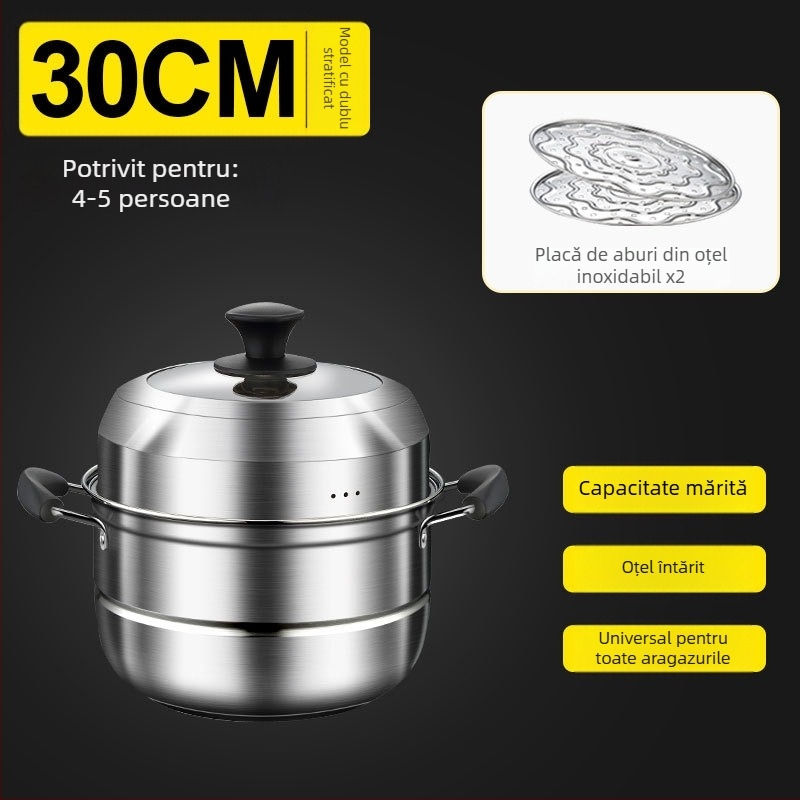 Aburitor din oțel inoxidabil, multistrat, pentru uz casnic, compatibil cu plitele cu inducție și cu plita cu gaz, capac din sticlă, de calitate alimentară și rezistent la ruginire, 2–3 niveluri
