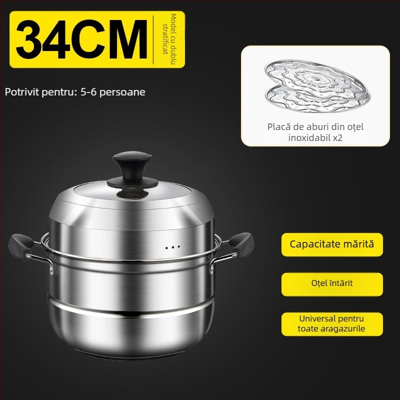 Aburitor din oțel inoxidabil, multistrat, pentru uz casnic, compatibil cu plitele cu inducție și cu plita cu gaz, capac din sticlă, de calitate alimentară și rezistent la ruginire, 2–3 niveluri