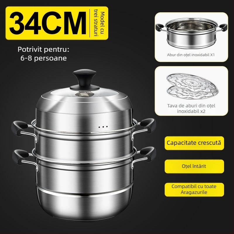 Aburitor din oțel inoxidabil, multistrat, pentru uz casnic, compatibil cu plitele cu inducție și cu plita cu gaz, capac din sticlă, de calitate alimentară și rezistent la ruginire, 2–3 niveluri