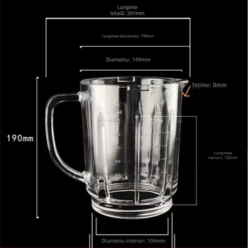 Blue Weidi cană din sticlă borosilicată pentru blender, model 1750ml; funcții: suplimente nutritive, măcinare pentru ruperea pereților celulari, piure rapid