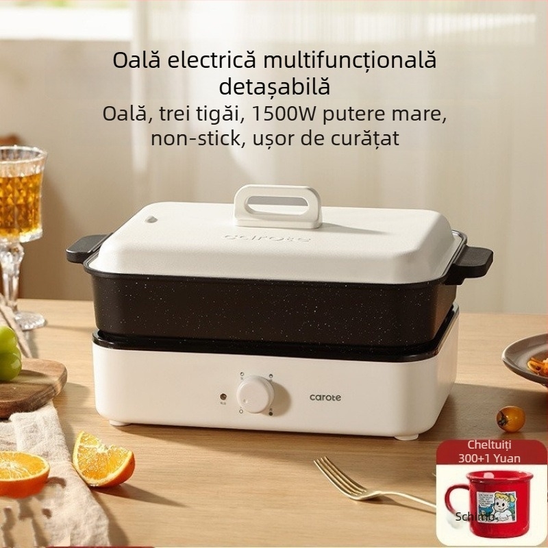 Oală electrică multifuncțională cu aburi, prăjire, gătire și hot pot — 1500W, 220V, corp metalic, adâncime interioară 7 cm, vas interior din aliaj