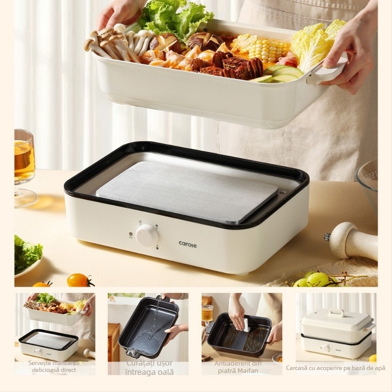 Oală electrică multifuncțională cu aburi, prăjire, gătire și hot pot — 1500W, 220V, corp metalic, adâncime interioară 7 cm, vas interior din aliaj