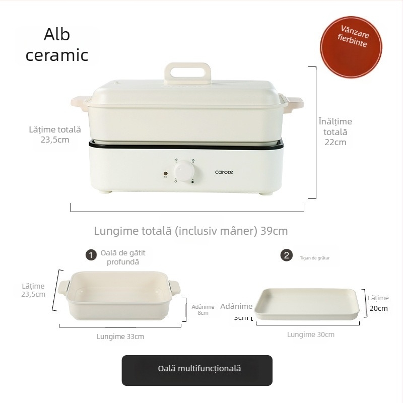 Oală electrică multifuncțională cu aburi, prăjire, gătire și hot pot — 1500W, 220V, corp metalic, adâncime interioară 7 cm, vas interior din aliaj