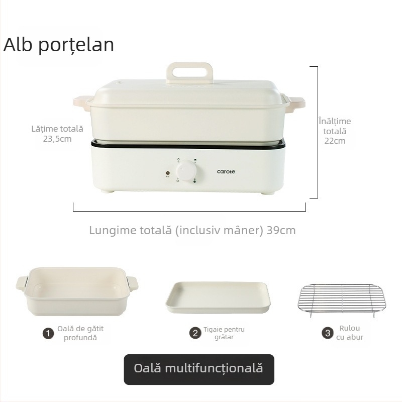 Oală electrică multifuncțională cu aburi, prăjire, gătire și hot pot — 1500W, 220V, corp metalic, adâncime interioară 7 cm, vas interior din aliaj