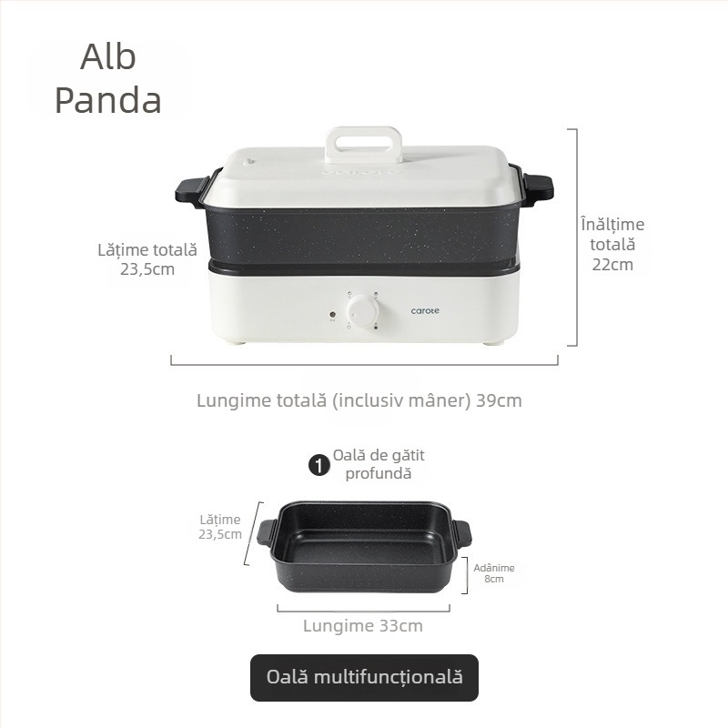 Oală electrică multifuncțională cu aburi, prăjire, gătire și hot pot — 1500W, 220V, corp metalic, adâncime interioară 7 cm, vas interior din aliaj