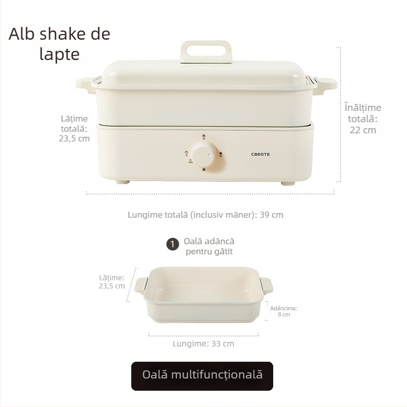 Oală electrică multifuncțională cu aburi, prăjire, gătire și hot pot — 1500W, 220V, corp metalic, adâncime interioară 7 cm, vas interior din aliaj