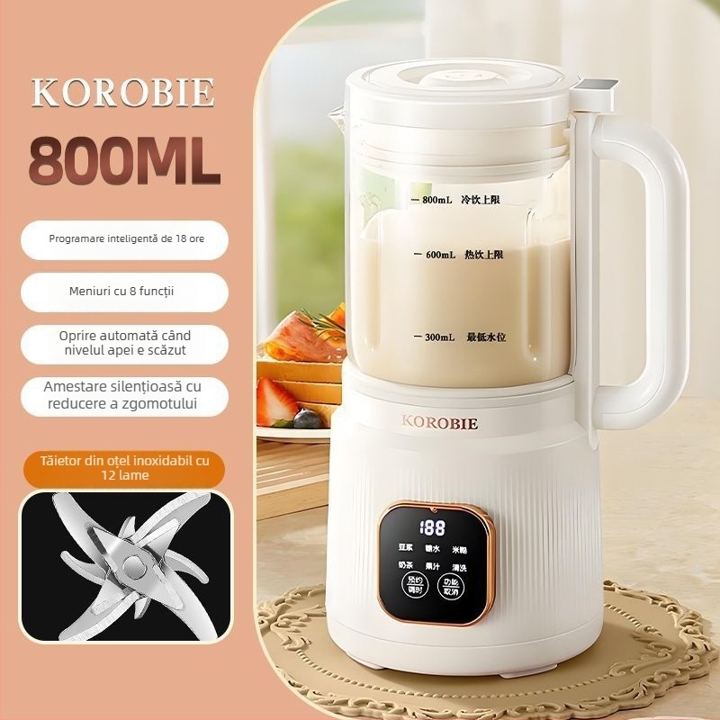 Mașină de lapte de soia cu corp din sticlă, încălzire automată, capacitate 1–1,5 L, fără filtrare, control prin atingere