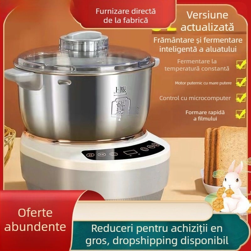 Mașină de frământat aluat pentru uz casnic, fermentație la temperatură constantă – capacitate 3–5 L, control prin aplicație, control prin atingere, 7+ trepte de viteză, corp din oțel inoxidabil