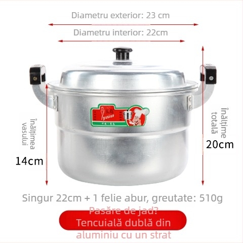 Oală de abur din aluminiu, cu două niveluri, fund unic, potrivită pentru toate plitele