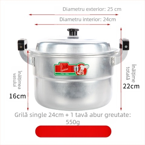 Oală de abur din aluminiu, cu două niveluri, fund unic, potrivită pentru toate plitele