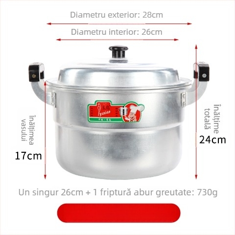 Oală de abur din aluminiu, cu două niveluri, fund unic, potrivită pentru toate plitele