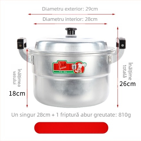 Oală de abur din aluminiu, cu două niveluri, fund unic, potrivită pentru toate plitele