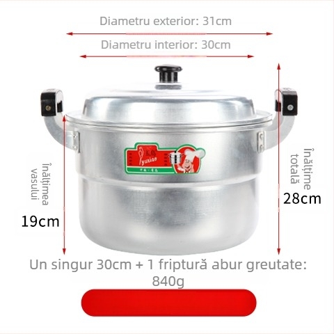 Oală de abur din aluminiu, cu două niveluri, fund unic, potrivită pentru toate plitele